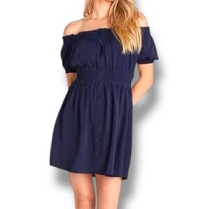 Backyard Roses Anthropologie Navy Blue Puff Sleeve Babydoll Dress sz L